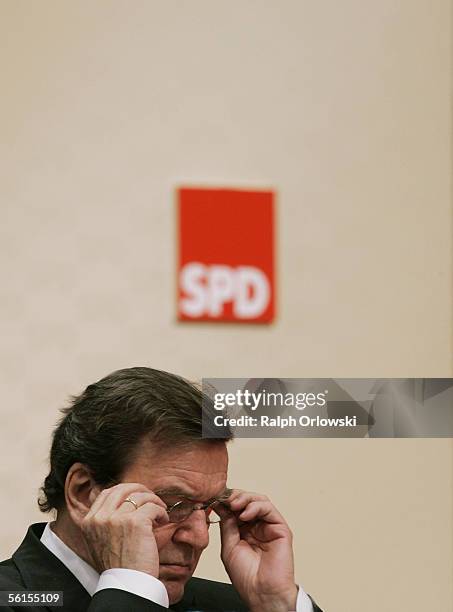 German Chancellor Gerhard Schroeder attends a three-days party convent of the SPD at the Messehalle on November 14, 2005 in Karlsruhe, Germany. The...