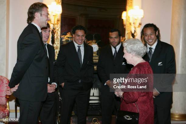 Queen Elizabeth II talks with All Black captain Tana Umaga John Afoa Chris Masoe , Andrew Hore and Jason Eaton on November 14, 2005 at Buckingham...