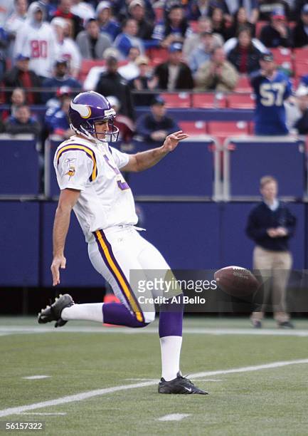 Chris Kluwe of the Minnesota Vikings punts during the NFL game with the New York Giants at Giants Stadium on November 13, 2005 in East Ruhterford,...