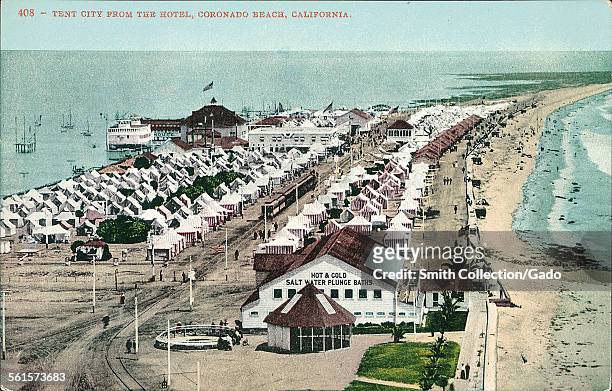 The Hotel del Coronado, a Victorian style beach resort outside San Diego, and tent city on the beach, San Diego, California, 1908.