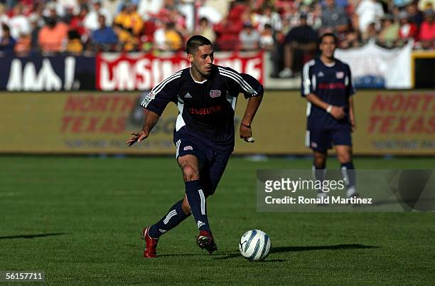 Clint Dempsey of the New England Revolution makes a pass in the first hlaf during MLS Cup 2005 against the Los Angeles Galaxy at Pizza Hut Park on...