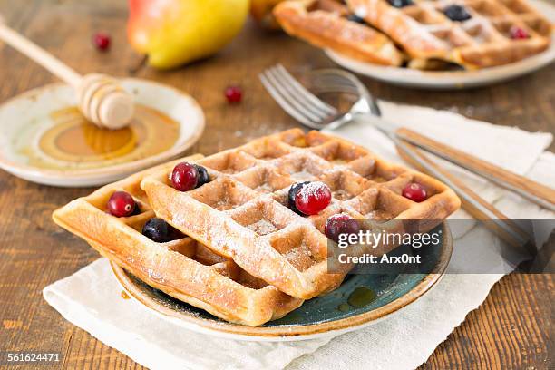 breakfast table at home - belgium waffles stock pictures, royalty-free photos & images