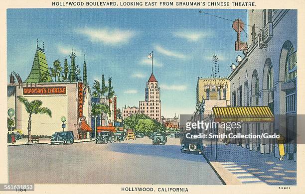 Hollywood Boulevard, looking east from Graumans Chinese Theatre, Hollywood, California, 1935.