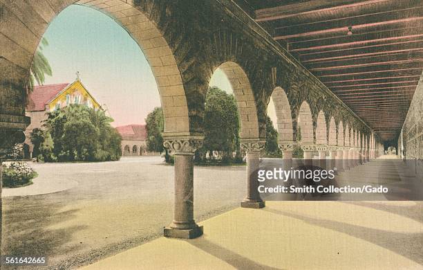Memorial Church through the arches at Stanford University, California, 1924.