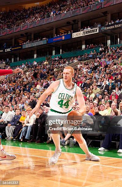 Brian Scalabrine of the Boston Celtics drives to the basket during the game against the Detroit Pistons at the TD Banknorth Garden on November 4,...