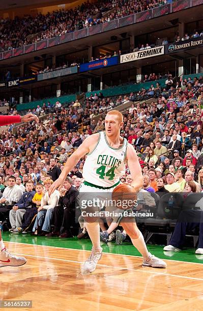 Brian Scalabrine of the Boston Celtics drives to the basket during the game against the Detroit Pistons at the TD Banknorth Garden on November 4,...