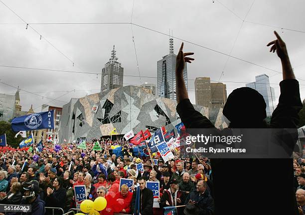 Protesters gather to voice their disapproval over proposed Industrial Relations law changes at Federation Square November 15, 2005 in Melbourne,...