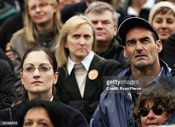 Protesters gather to voice their disapproval over proposed Industrial Relations law changes at Federation Square November 15, 2005 in Melbourne,...