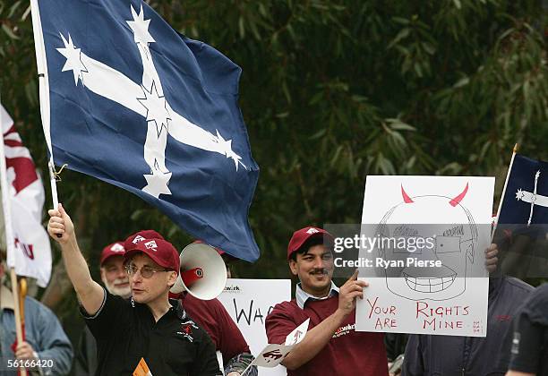 Protesters gather to voice their disapproval over proposed Industrial Relations law changes at Federation Square November 15, 2005 in Melbourne,...