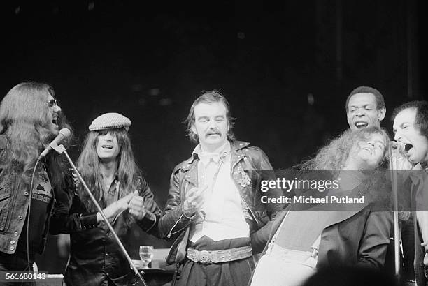 Some of the performers at the finale of a one-off rock opera performance of Roger Glover's concept album, 'The Butterfly Ball and the Grasshopper's...