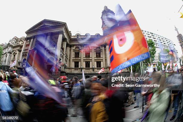 Protesters gather to voice their disapproval over proposed Industrial Relations law changes at Federation Square November 15, 2005 in Melbourne,...