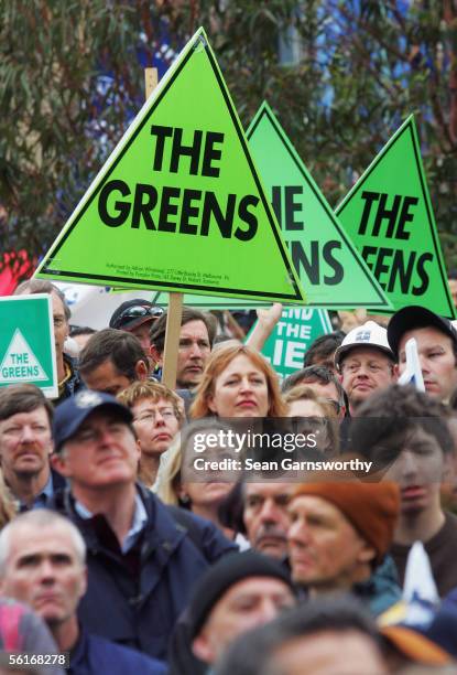 Protesters gather to voice their disapproval over proposed Industrial Relations law changes at Federation Square November 15, 2005 in Melbourne,...