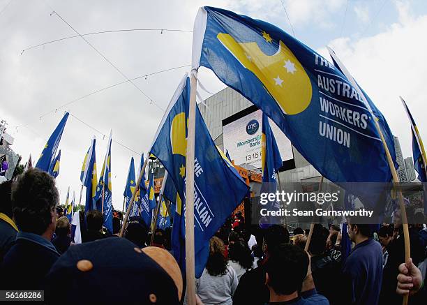 Protesters gather to voice their disapproval over proposed Industrial Relations law changes at Federation Square November 15, 2005 in Melbourne,...