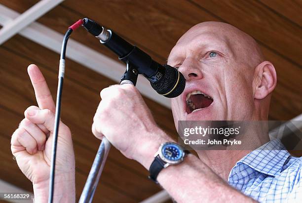 Former singer turned Labour politician Peter Garrett speaks at a demonstration opposing the Australian Federal Government's planned new industrial...