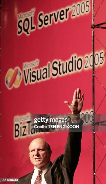 Microsoft CEO Steve Ballmer gestures as he talks to developers, customers and the press at the launch of Microsoft SQL Server 2005 and Visual Studio...