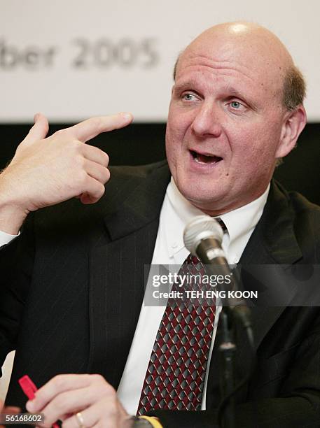 Microsoft CEO Steve Ballmer gestures as he speaks to newsmen after launch of Microsoft SQL Server 2005 and Visual Studio 2005 and the upcoming...