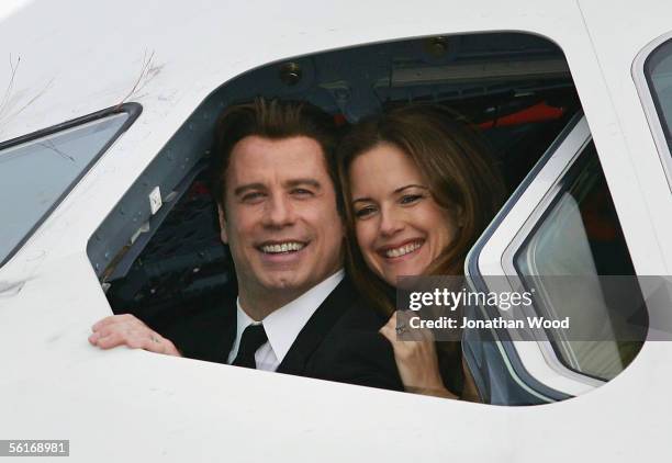 Actor John Travolta and wife actress Kelly Preston sit in the cockpit of an Airbus A380 at Brisbane International Airport on November 15, 2005 in...