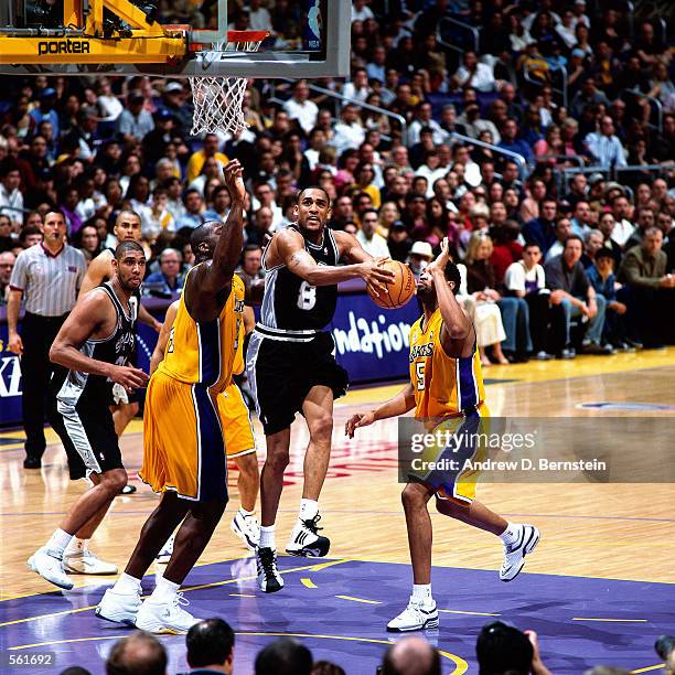 Steve Smith of the San Antonio Spurs drives to the basket against the Los Angeles Lakers during the NBA Game at The Staples Center in Los Angeles,...