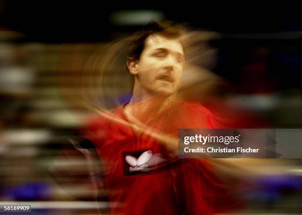 Timo Boll of Germany plays against Adrian Crisan of Romania during the Day 2 of the Liebherr German Open at the Bordeland Hall on November 12, 2005...