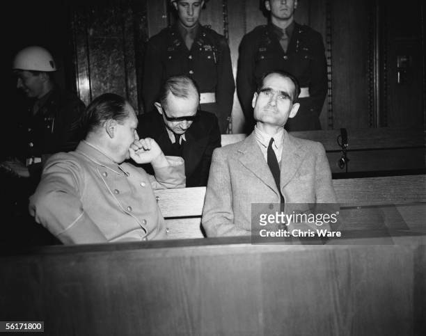 Former Nazi military and political leaders Hermann Goering and Rudolf Hess in court during their trials at the International War Crimes Tribunal at...