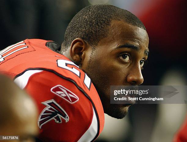 Cornerback DeAngelo Hall of the Atlanta Falcons looks on against the Green Bay Packers at the Georgia Dome on November 13, 2005 in Atlanta, Georgia....