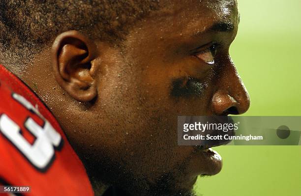 Tight end Alge Crumpler of the Atlanta Falcons looks on against the Green Bay Packers at the Georgia Dome on November 13, 2005 in Atlanta, Georgia....