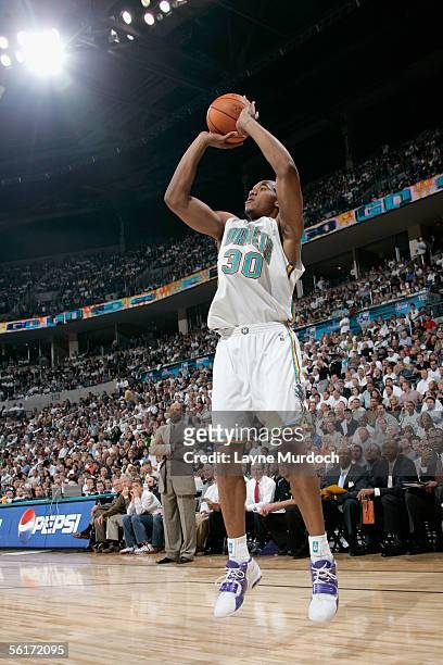 David West of the New Orleans/Oklahoma City Hornets shoots during the game against the Sacramento Kings at the Ford Center on November 1, 2005 in...