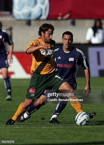 Daniel Hernandez of the New England Revolution marks Ned Grabavoy of the Los Angeles Galaxy during MLS Cup 2005 at Pizza Hut Park on November 13,...