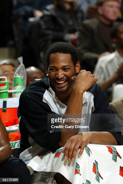 Robert Horry of the San Antonio Spurs smiles on the bench against the Chicago Bulls during the game on November 7, 2005 at the United Center in...