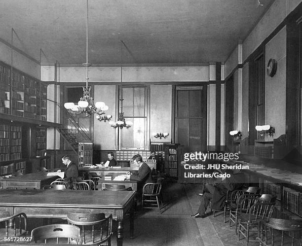 Hopkins Hall, Old Campus, Library, Old Campus interior, Library, with students reading, Johns Hopkins University, Baltimore, Maryland, 1885.