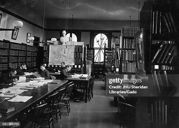 History, History and Politics Seminary, Hopkins Hall, Old Campus, Herbert Baxter Adams, interior of seminar room with students at work, looking west,...