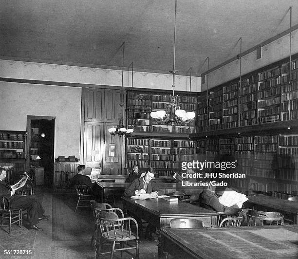 Hopkins Hall, Old Campus, Library, Old Campus interior, Library, with students reading, Johns Hopkins University, Baltimore, Maryland, 1892.