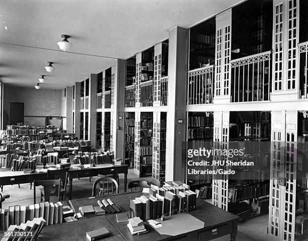 Gilman Hall, Hutzler Reading Room interior, Stacks and reading area in Library, Johns Hopkins University Homewood Campus, Baltimore, Maryland, 1920.