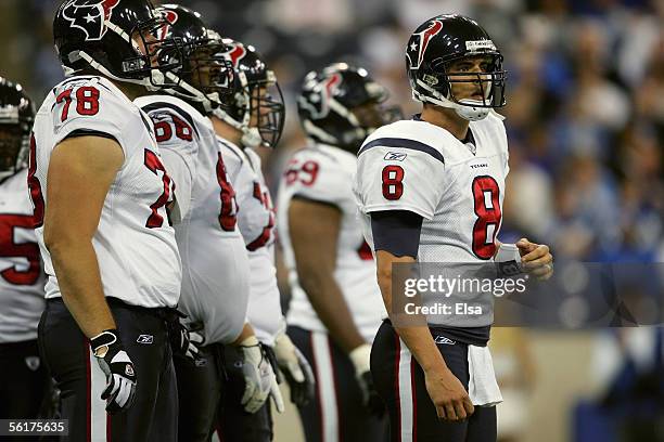 David Carr of the Houston Texans watches from the sideline during the NFL game with the Indianapolis Colts on November 13, 2005 at the RCA Dome in...