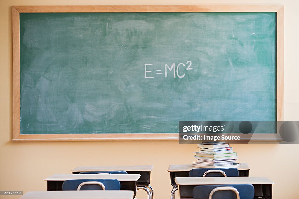 Textbooks and blackboard in classroom