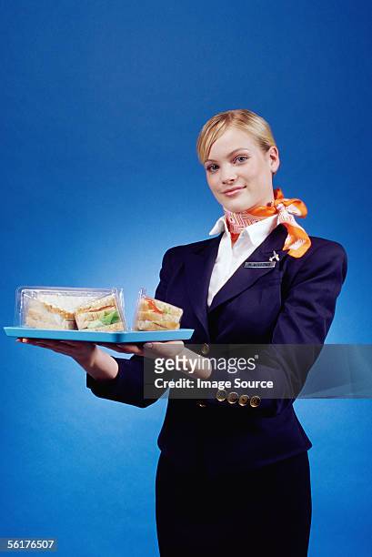 air hostess holding a tray of sandwiches - air stewardess foto e immagini stock