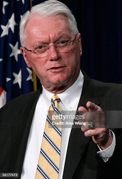 Senator Jim Bunning speaks to reporters during a news briefing on steroid use associate with the Major League Baseball November 15, 2005 on Capitol...