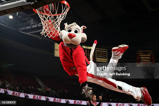 Blaze, the mascot of the Portland Trail Blazers, dunks the ball during a break in the game against the New York Knicks on November 9, 2005 at the...