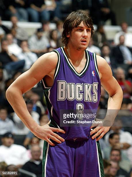 Andrew Bogut of the Milwaukee Bucks stands on the court in the second half of the game against the Los Angeles Clippers on November 15, 2005 at...