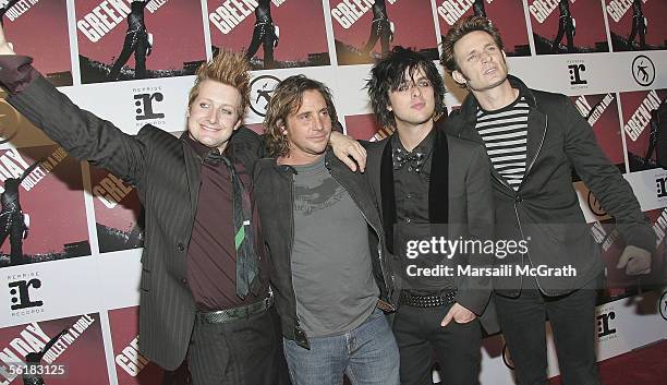 Tre Cool of Green Day, Director Samuel Bayer and Billie Joe Armstrong and Mike Dirnt from Green Day attend the Premiere of Green Day's documentary,...