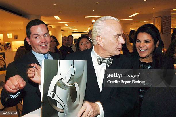 George Malkemus, Manolo Blahnik and Candy Pratts Price attend the Manolo Blahnik book signing party for Eric Bomans new book "Blahnik By Boman: The...