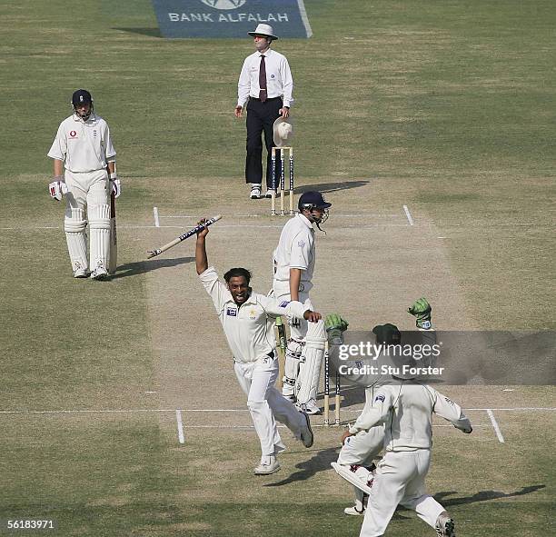 Pakistan bowler Shoaib Akhtar celebrates after taking the last England wicket of Steve Harmison during the Fifth day of the First Test Match between...