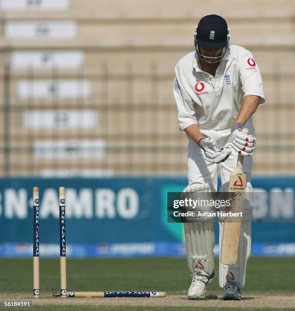 Shaun Udal is bowled out during the Fifth day of the First Test Match between Pakistan and England at The Multan Cricket Stadium on November 16, 2005...