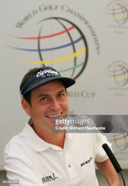 David Howell of England talks to the media during the previews for the World Golf Championships Algarve World Cup at Victoria Clube de Golfe,...