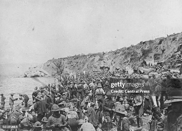 British troops of the IX Corps on the beach after landing at Suvla on the Aegean coast of the Gallipoli peninsula in Turkey, before the August...