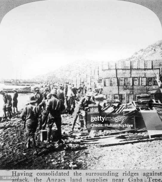 Anzac troops landing supplies near Gaba Tepe, Turkey at the beginning of the Gallipoli campaign, April/May 1915.