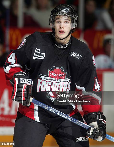 Sebastien Bernier of the St. John's Fog Devils in action against the Halifax Mooseheads at the Halifax Metro Centre on October 8, 2005 in Halifax,...