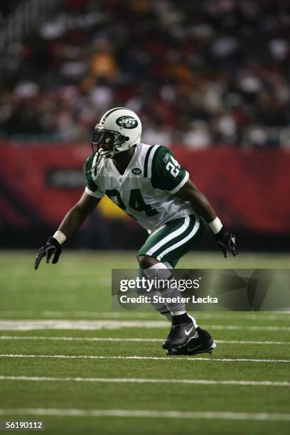 Cornerback Ty Law of the New York Jets runs on the field during the game against the Atlanta Falcons on October 24, 2005 at the Georgia Dome in...