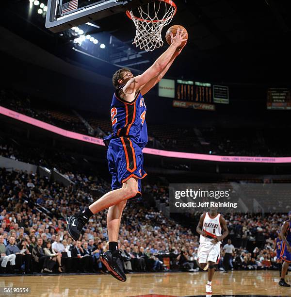 David Lee of the New York Knicks takes the ball to the basket during a game against the Portland Trail Blazers at The Rose Garden on November 9, 2005...