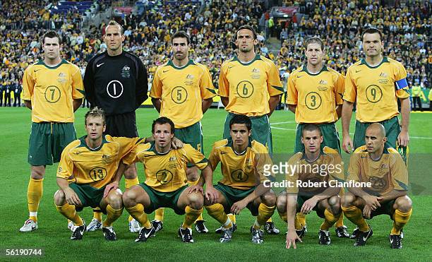 The Australian Socceroos line up for a team photo prior to the national anthem prior to the second leg of the 2006 FIFA World Cup qualifying match...